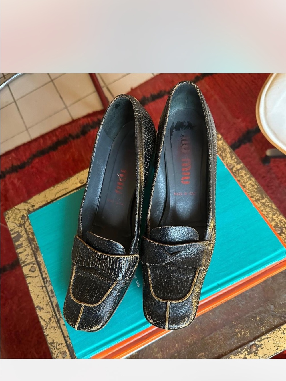 Vintage Miu Miu Black Cracked Leather Loafers